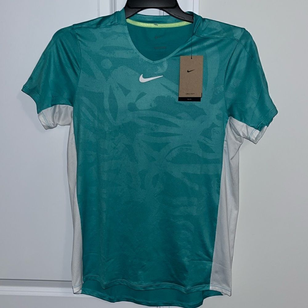 New Nike Court Dri-Fit Slim Tennis Shirt White Seafoam print  DX5538-392 Men’s